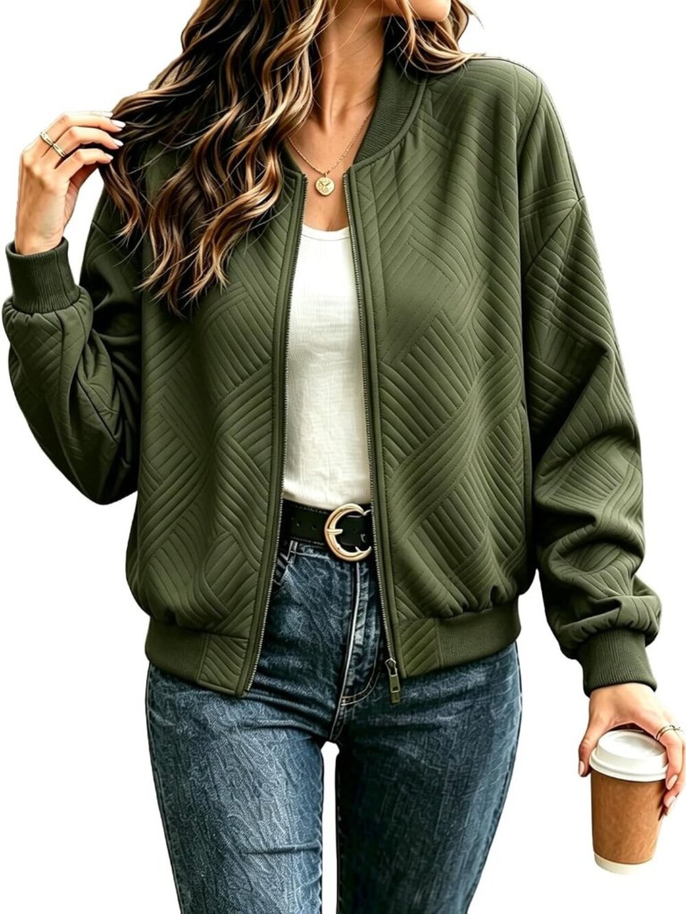 Women's Green Chevron Textured Bomber Jacket Zip Up Lightweight Casual Fall Coat